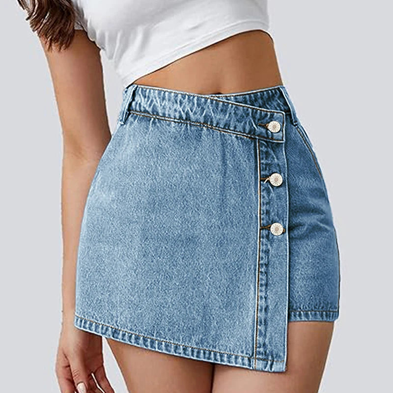 Women's Denim Shorts High waisted Asymmetric Button front Street Fashion Trendy Summer Look Edgy casual Y2K Style Jeans