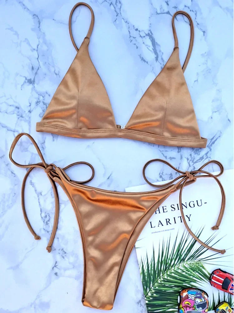 2025 Metallic Satin High Cut Brazilian Bikini Women Swimwear Female Swimsuit Two-pieces Bikini Set Bathing Suit Swim Beach Wear