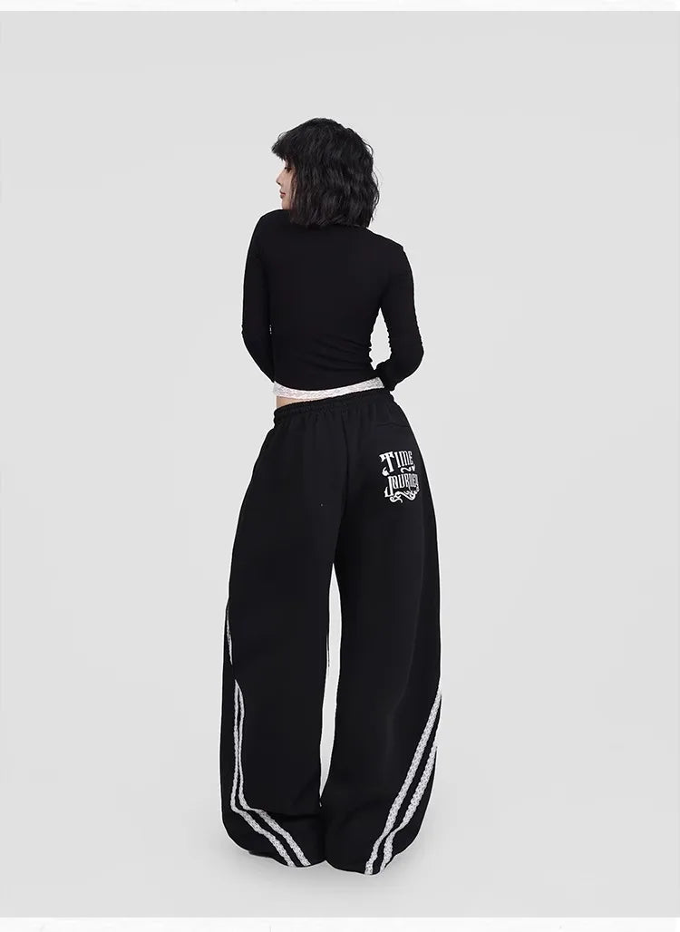 CBXLAB Street Dance Women' s Black lace pull-tab jazz pants K-pop spicy girl long pants street leisure pants trendy.