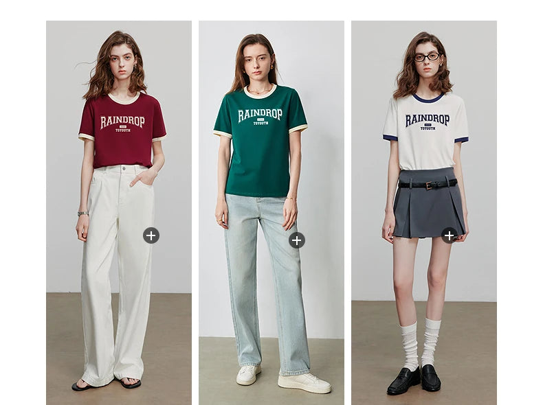 TOYOUTH Women Short Sleeve T shirt 2025 Summer New Color Blocked Letter American Style Antibacterial Cotton Tops GT5210004