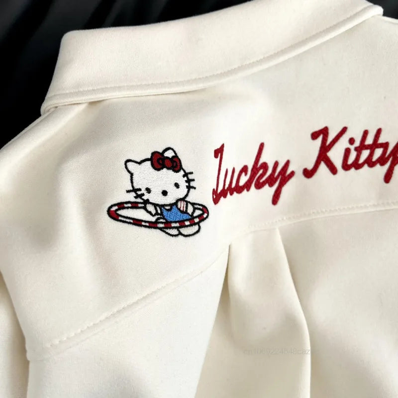 Sanrio Hello Kitty 2025 Spring New Polo Hoodie Women Korean Version Trend Casual Top Y2K Sweet Girl College Style Loose Pullover