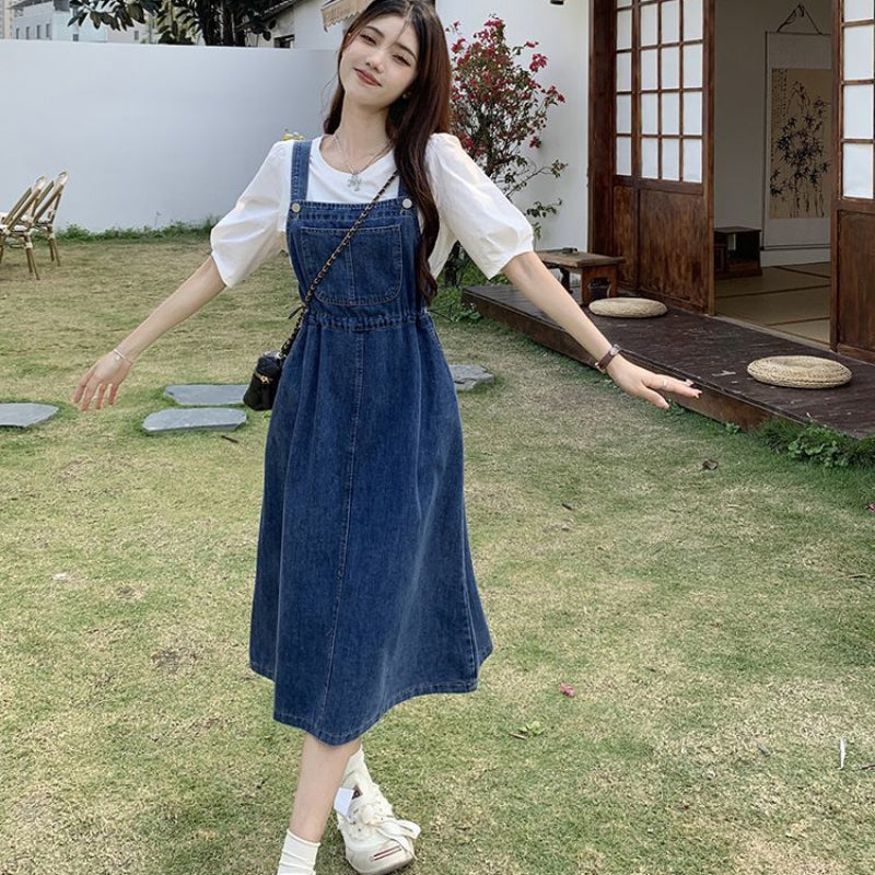 2025 Fashion Women Denim Suspender Skirt Spring Summer Causal Strap Female High Waist A-line Solid Lace-up Woman Skirt
