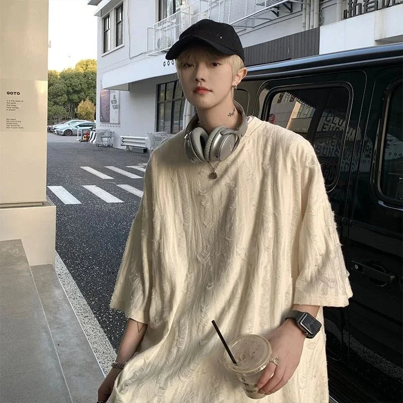 Male Tees Shirts American Style Five-point Sleeve Elasticity Men's T-shirt Oversized No Logo Ordinary Vintage Clothing Y2k Tops