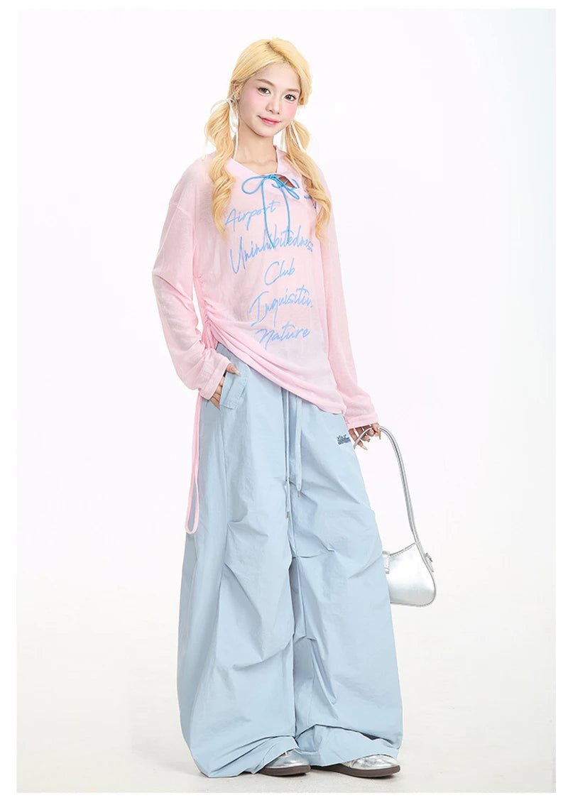 Zoki Streetwear Yellow Cargo Pants Women Vintage Letter High Waist Y2K Wide Leg Trousers High Quality Loose Paratrooper Pants