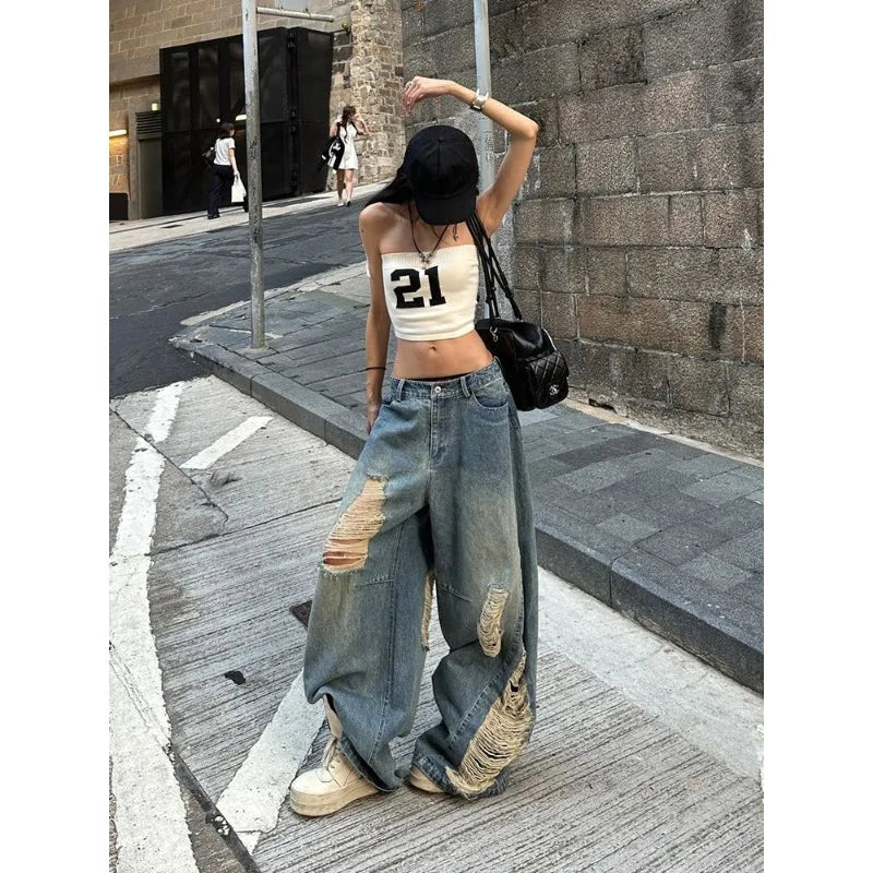 American Style Distressed Washed Jeans Women Summer Y2k Streetwear High Waist Hip Hop Wide Leg Pants 2025 New Casual Loose Jeans