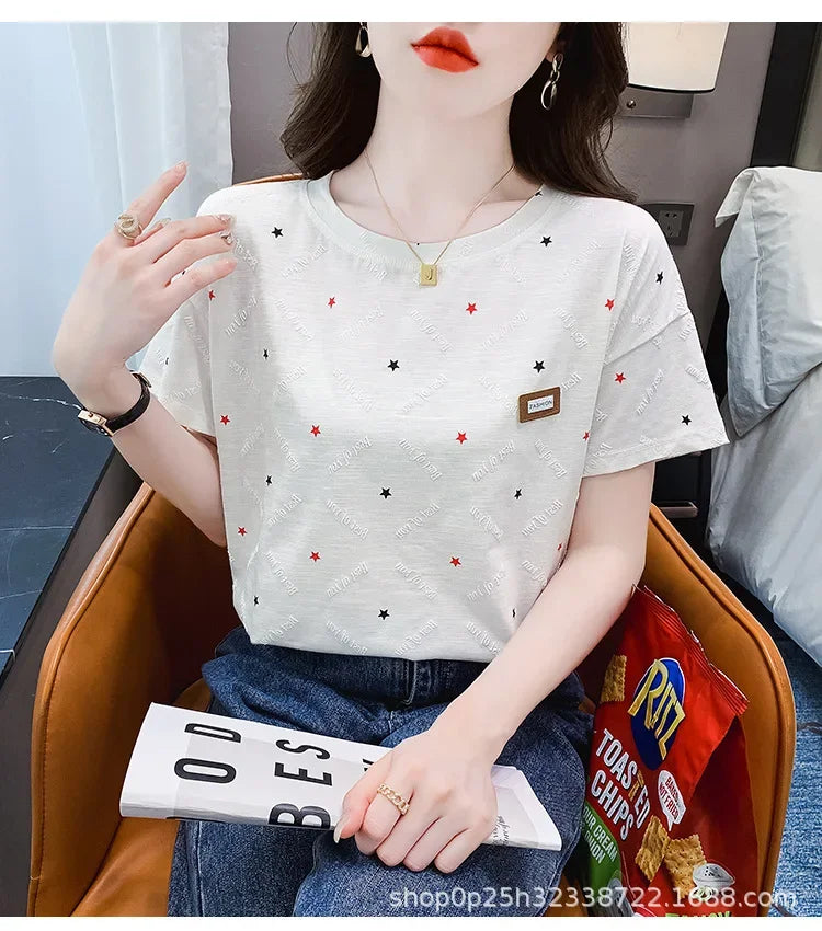 Summer Women's Loose-Fit Plus Size White Half-Sleeve T-Shirt New Style Casual Crew Neck Decorative Bodysuit Top Ins Trendy