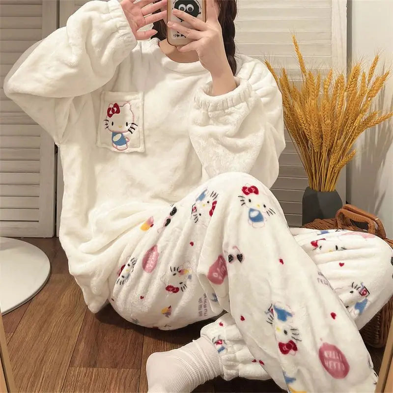 Sanrio Hello Kitty Flannel Pajamas Women Warm Plus Thicken Velvet Cartoon Casual Home Pants in Autumn Winter Fashion Pajamas