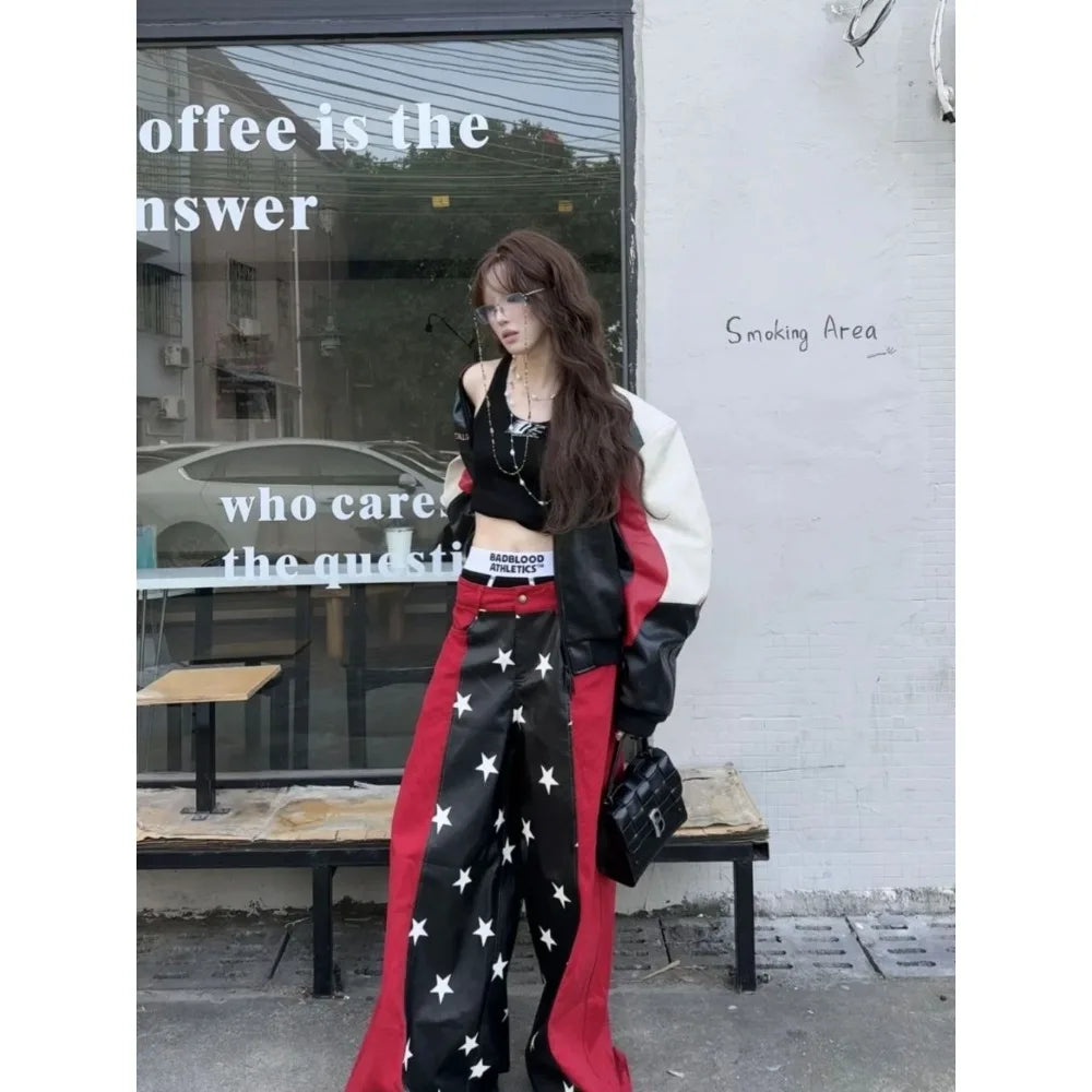 2025 Fall Winter Y2K Sweet Grunge Star Print PU Leather Patchwork Jeans Women Oversized Baggy Streetwear Wide Leg Pants