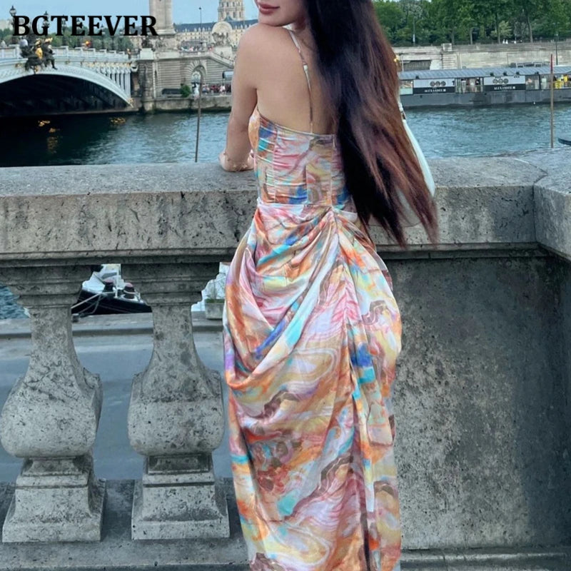 BGTEEVER Summer Fashion Slim Women Spaghetti Strap Midi Printed Dress Elegant Ladies Sleeveless Side Split Bodycon Dress