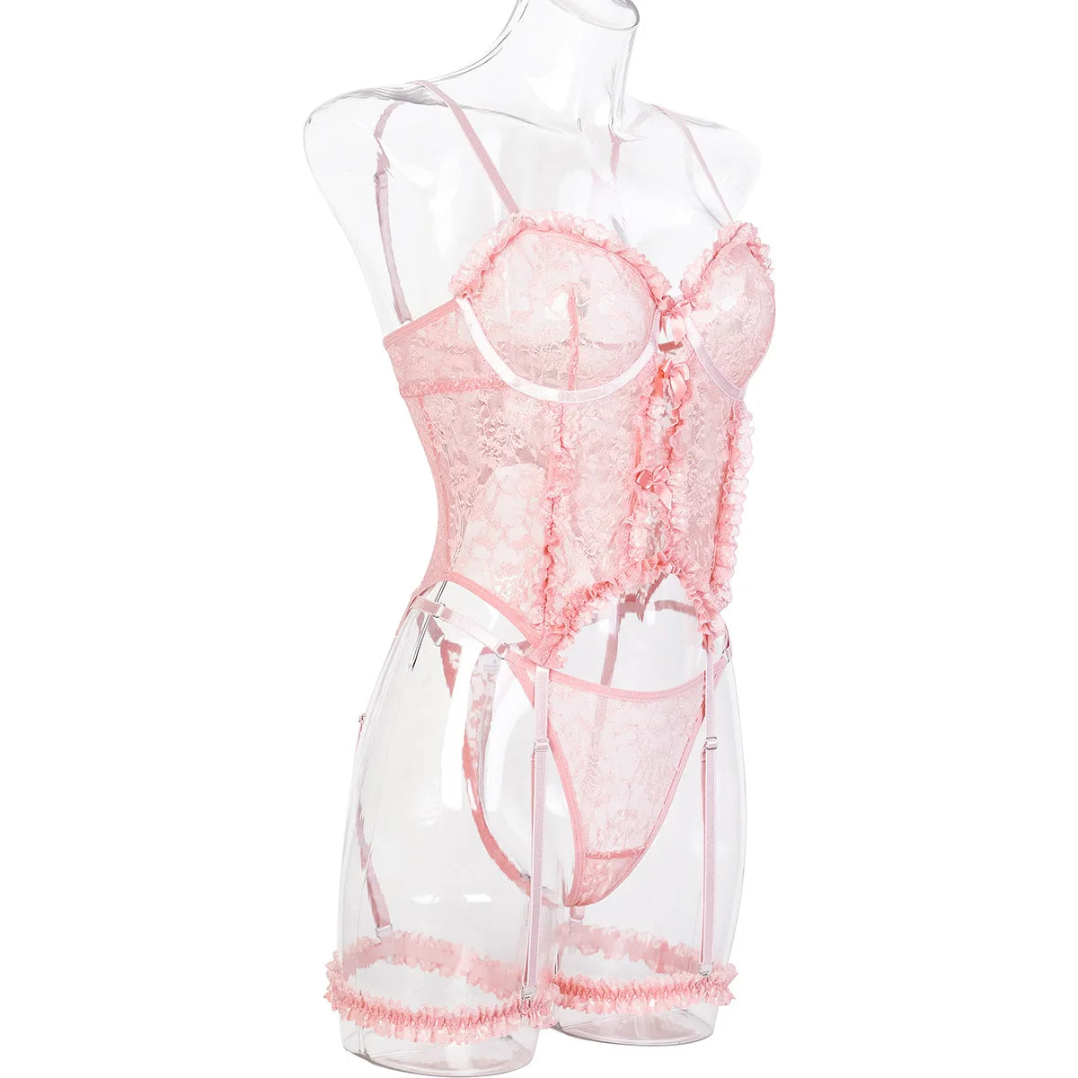 Sheer Pink Lingerie Set Frilled Lace Bralette Transparent High Waist Panty Garter Belt Bridal Romantic Seductive Underwear Women