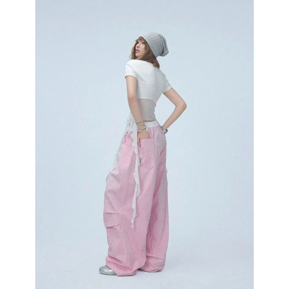 Pink Camo Cargo Pants with Stripes High Waist Streetwear for Women Hip Hop Jogger Pants Trendy Activewear cargo pants women