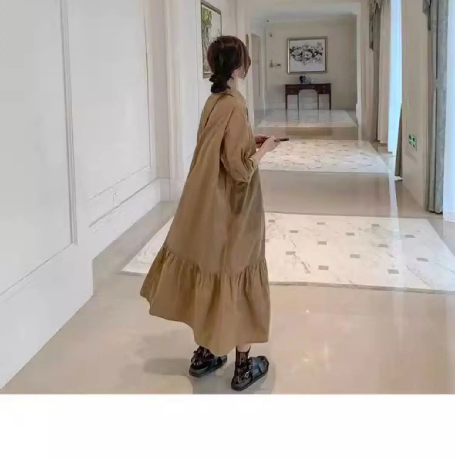 plus Size Khaki Shirt Dress Women Casual Summer Loose Fit High Waist A-Line Skirt Long Sleeve Polo Collar Polyester Fiber