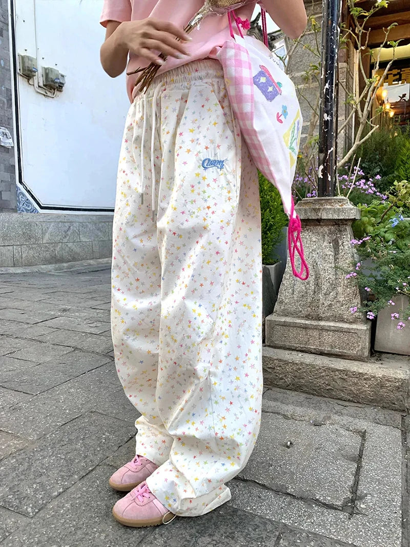 Zoki Stars Print Letter Cargo Pants Women Sweet Fashion High Waist Wide Leg Trousers Casual Loose Preppy Style Female Cute Pants