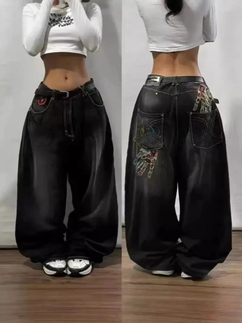 Harajuku Vintage Hip-hop Pop Letters Embroidered Washed Baggy Jeans Ladies Y2K Gothic Fashion Casual High Waist Wide Leg Pants