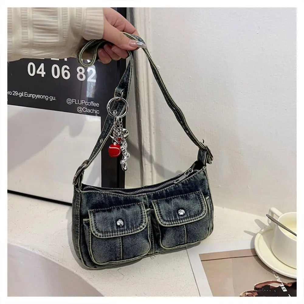 Fashion Handbag Retro Denim Bag Underarm Bag Crossbody Bag Spicy Girl Shoulder Bag Armpit Bag Y2K Cloth bag Shopping