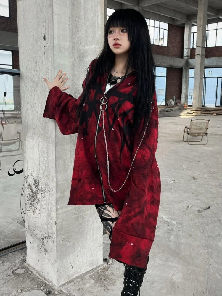 Y2k Aesthetic Printing Punk Hoodies Women Grunge Loose Pocket Oversized Hooded Hoody Harajuku Streetwear Emo Zipper Sweatshirts