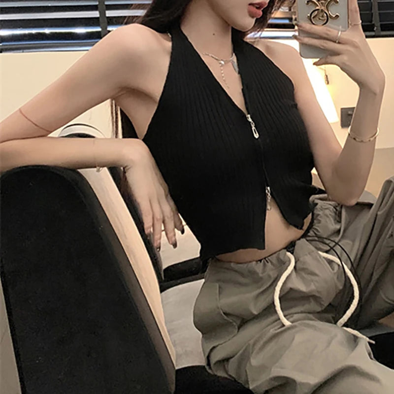 V-neck Camis Women Hotsweet Sexy Halter Crop Tops Zipper Streetwear Pure Sleeveless Chic
