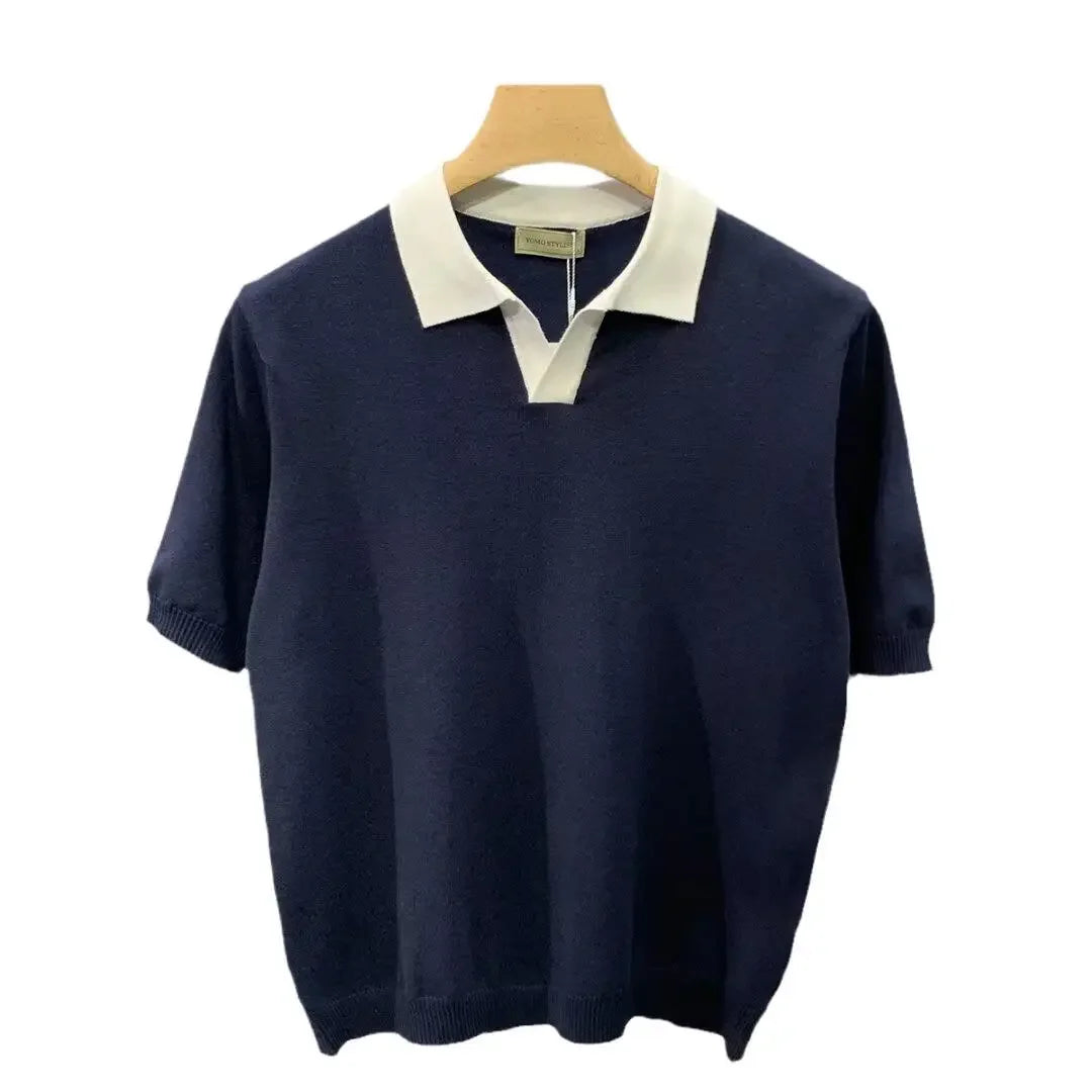Summer Fashion Korean Style Loose Fit Color Blocking Lapel Knit Polo Shirt Men's Sleeves T-shirt Trendy Half Sleeve Body T-shirt
