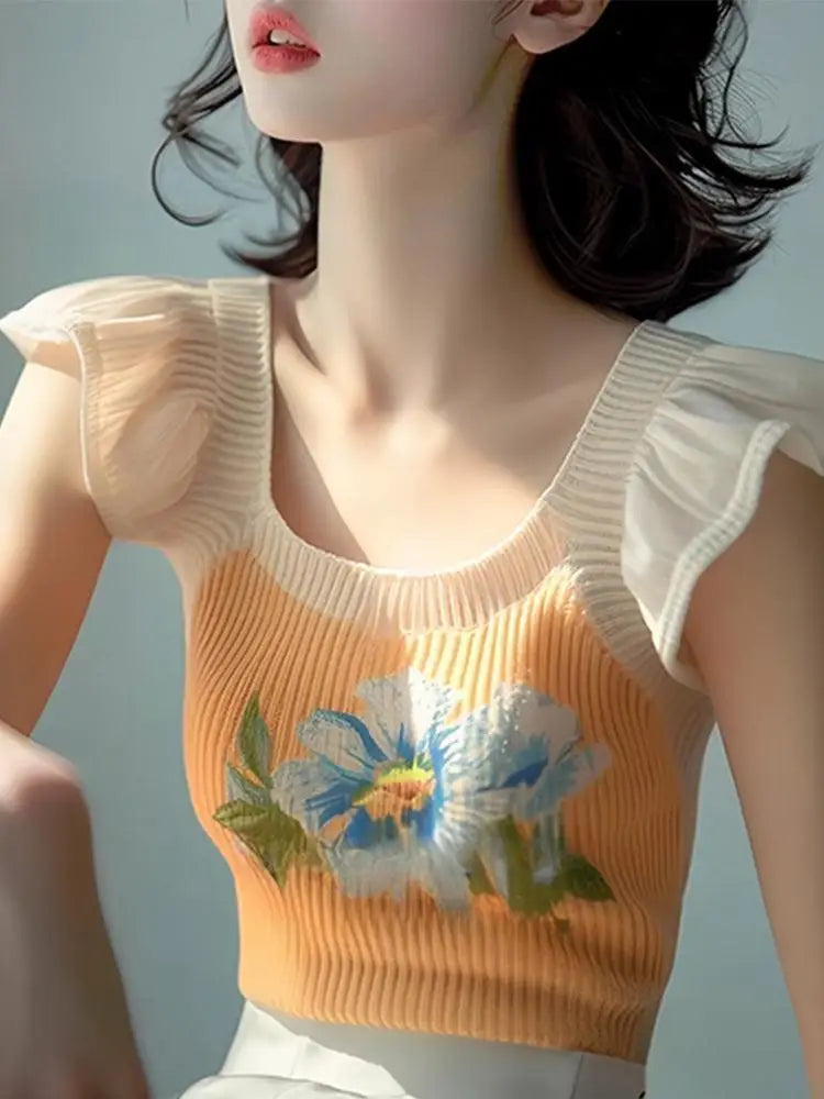 Yellow Rose Printed Knitted Splicing Ruffled Short-sleeved T-shirt for Women 2025 New Summer Niche Non-contrast Top