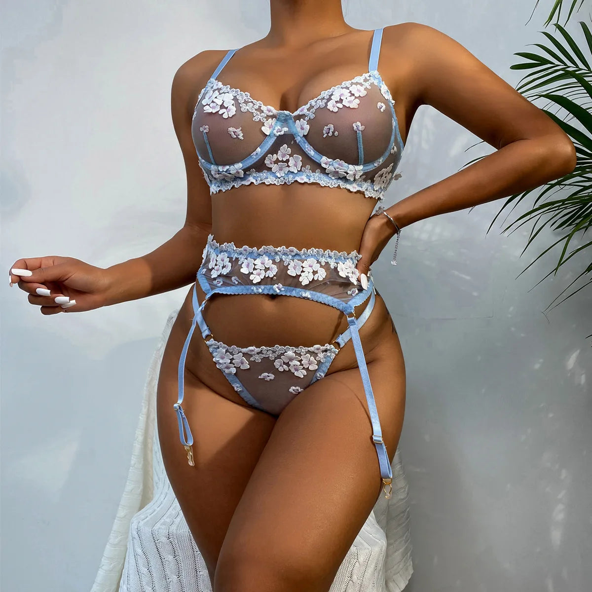 Floral Embroidered Sheer Lingerie Set Underwire Push Up Bra Thong Garter Belt See-Through Corset for Bridal Night Boudoir