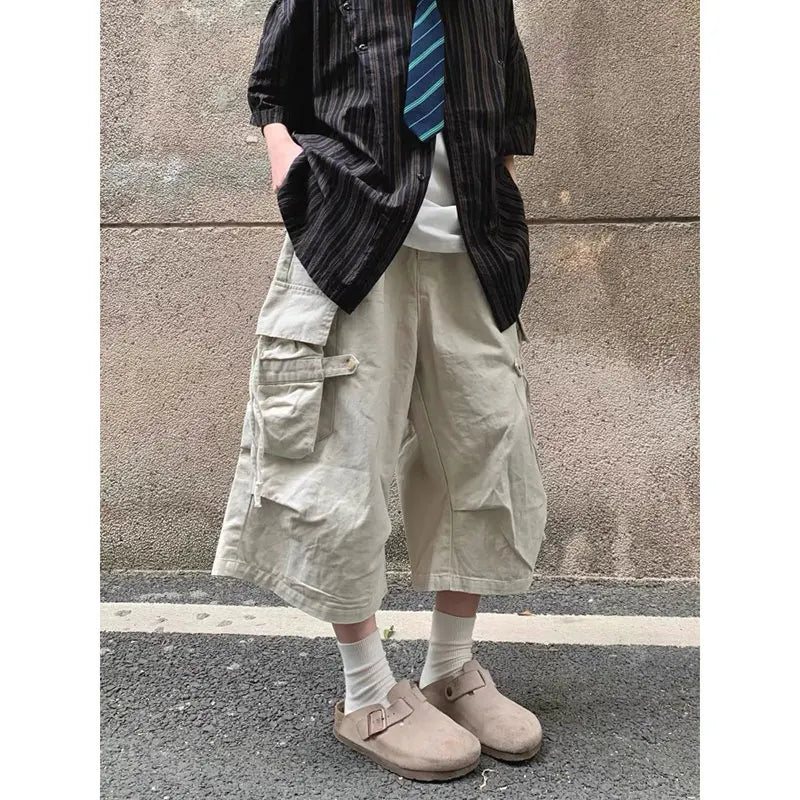 Vintage Brown Cargo Shorts Women Oversized Y2k Grunge Cropped Pants Wide Leg Hip Hop Style Streetwear Baggy Pockets Short Pant