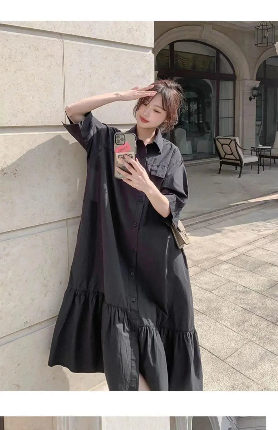 plus Size Khaki Shirt Dress Women Casual Summer Loose Fit High Waist A-Line Skirt Long Sleeve Polo Collar Polyester Fiber