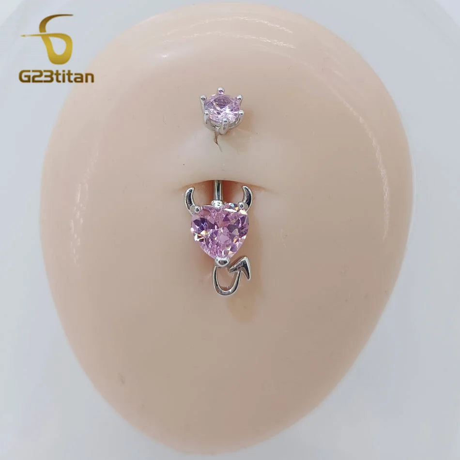 G23Titan Sexy Evil Heart Belly Button Ring Pink CZ Zircon 14G Titanium Navel Piercing Bar Women's Body Party Jewelry Accessories
