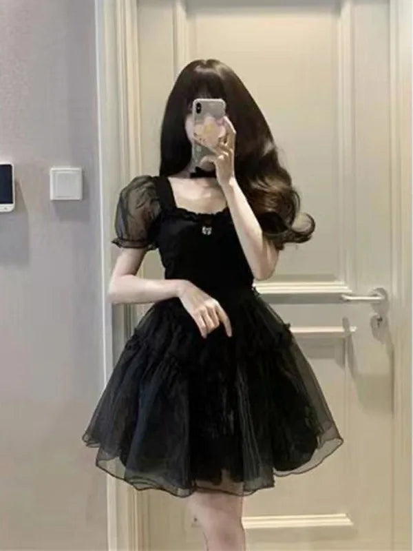 2023 Summer New Black Yarn Dress Fluffy Small Short Square Neck Spicy Girl Sweet Style Small Puff Sleeve Sexy Lovely Short FO30