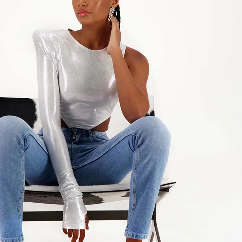 Shoulder Pads Metallic Asymmetrical Sexy Bodysuit Casual Playsuit Soild Splicing Lady Jumpsuit Slim Fit O-Neck Streetwear Tops