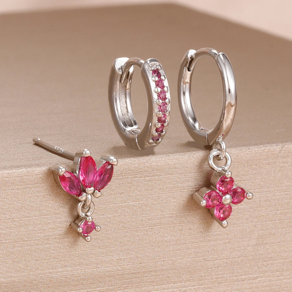 3PCS Fashion Orange Blue Zircon Hanging Earrings Set for Women Stainless Steel Flower Dangle Earring Piercing Jewelry