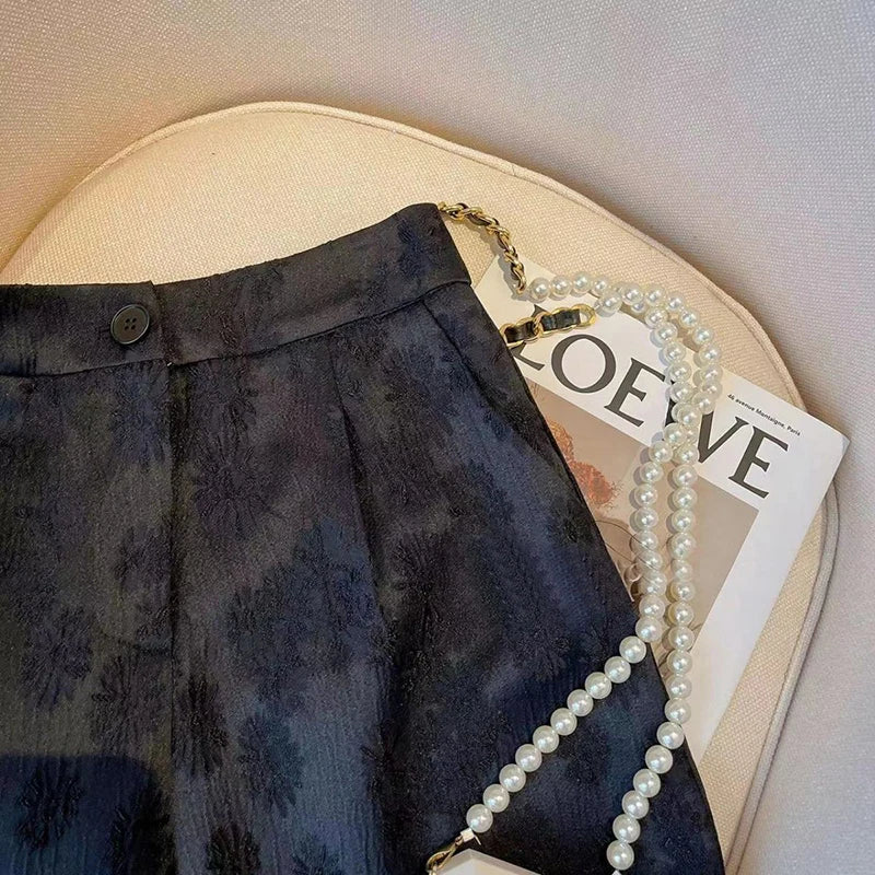 Vintage Jacquard Shorts Women Black Chic Harajuku High Waist Casual Straight Shorts Summer Elegant Pleated A Line Shorts New Ins