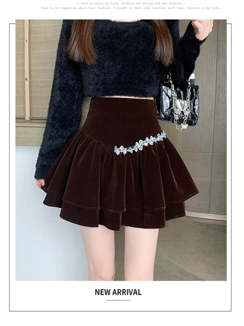 Bla Velvet Cake f Skirt Women's Autumn Winter High Waist A-Line Fluffy ort Skirt Small Size Pleated f Skirt