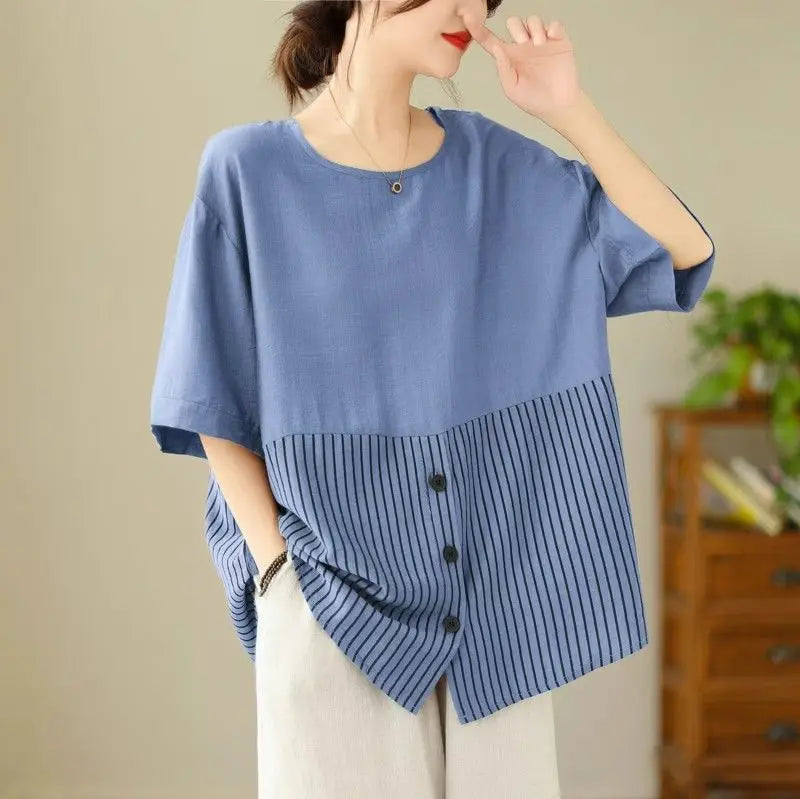 Summer New Plus Size Women's Fashion Striped Patchwork Tops Tees Youth Short Sleeve Loose Vintage T Shirts Casual Trend Clothing
