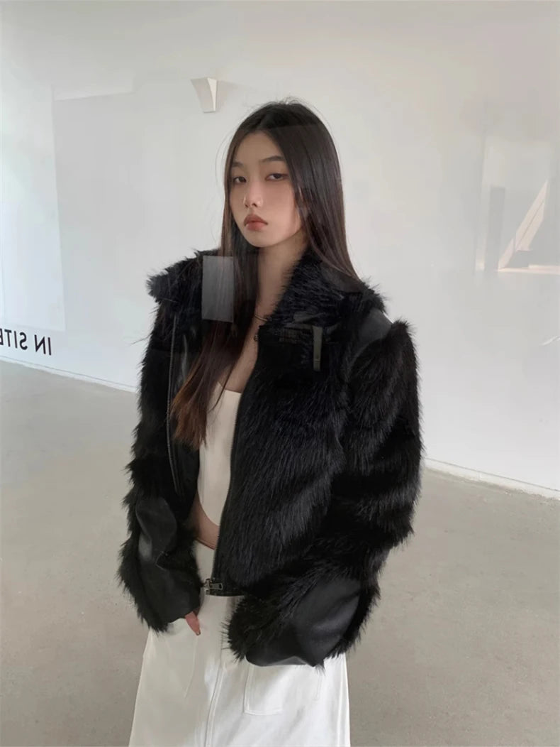 Lautaro Autumn Winter Cool Short Black Soft Thickened Warm Hairy Shaggy Patchwork Faux Fox Fur Coat Women Fluffy Jacket 2023