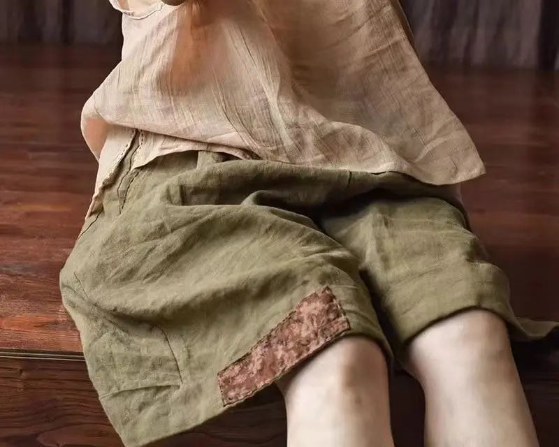 Women Retro Ethnic Style Patch Oversize Cotton Linen Short Pants Summer Female Casual High Waist Beach Shorts Pantalones Cortos
