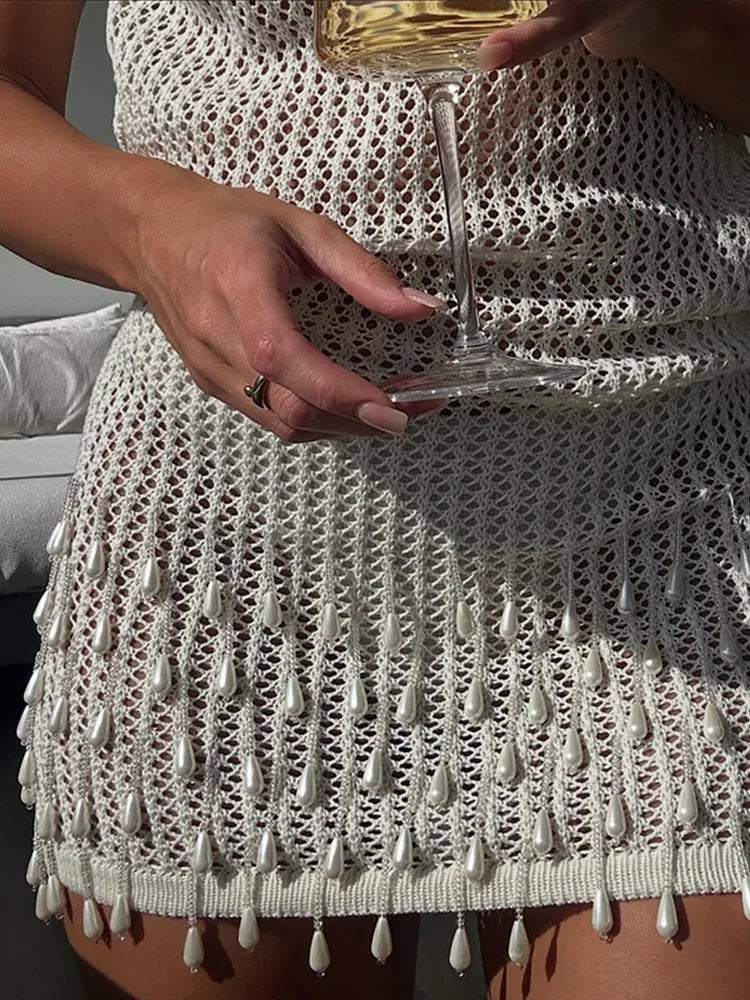 Sexy Backless Pearl Tassel Mini Dress Women Chic Street Knitted Hollow Out Lace Up Slim Short Dresses Lady Spring Beach Party