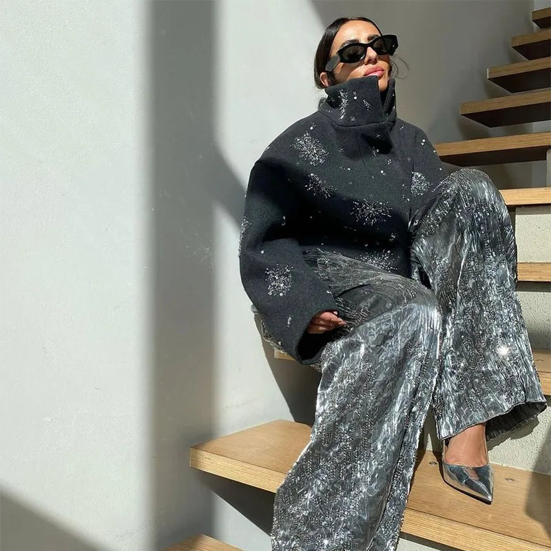 Casual Embroidery Beading Loose Women Coat Lapel Collar Bat Sleeve Solid Wool Blend Jacket 2025 New Lady Luxury Spring Outerwear