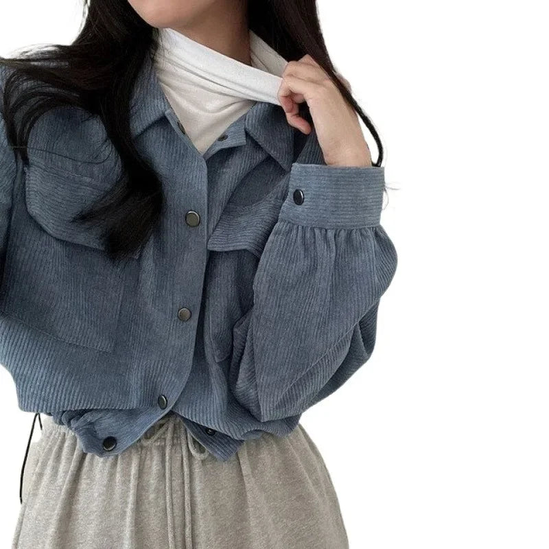 Chic Korean Vintage Simple Lapel Cropped Long Sleeve Shirt Top Corduroy Loose Fit Jacket For Women New Model 2023