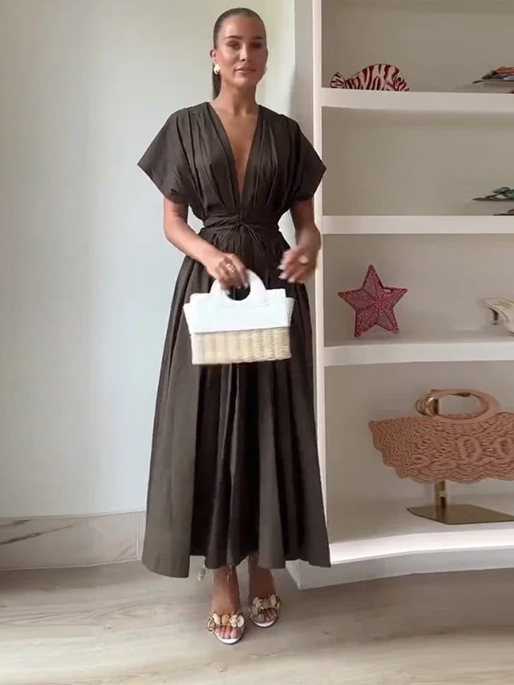 Summer Pleated A-line Midi Dress Women's Casual Lace Up Loose High Waist Solid Robes 2025 Office Lady Commute Street Vestidos