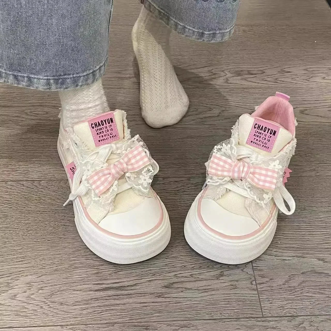 Pink Bowknot Large Head White Sneakers Women's New Summer Cute Canvas Shoes Breathable Comfortable Sporty Fashion Footwear
