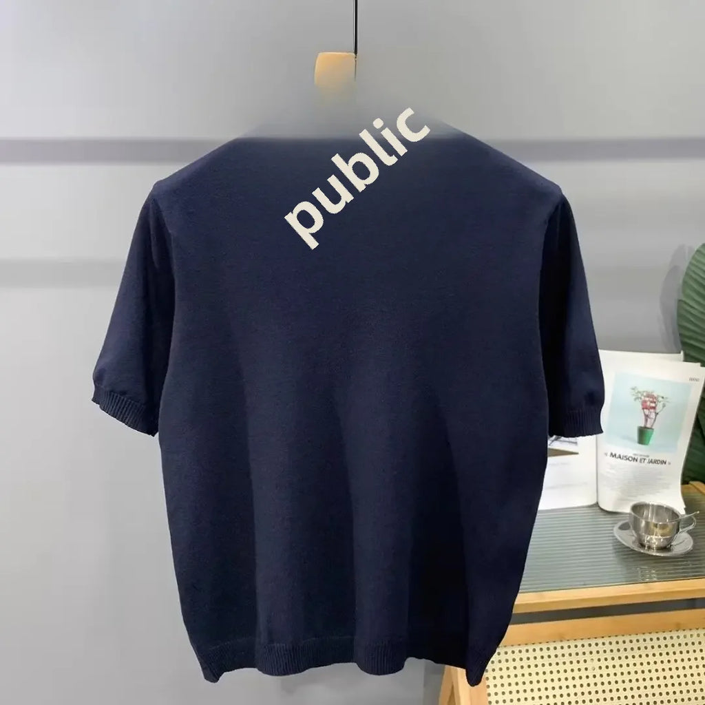 Summer Fashion Korean Style Loose Fit Color Blocking Lapel Knit Polo Shirt Men's Sleeves T-shirt Trendy Half Sleeve Body T-shirt