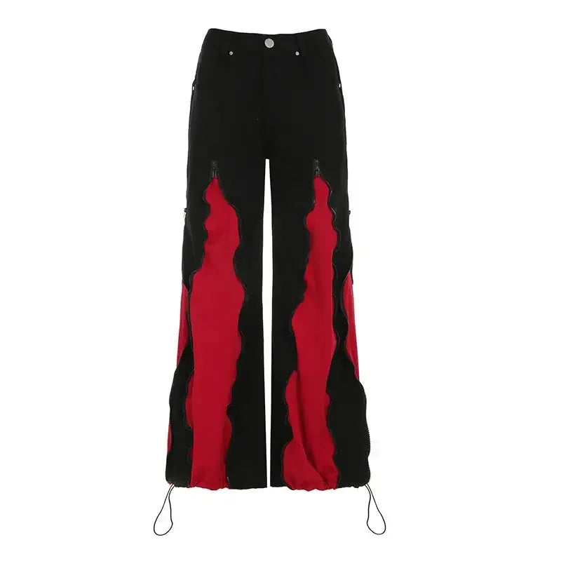 Women's Hip Hop Two-tone Patchwork Low Rise Zipper Denim Pants Baggy Wide Leg Dragging Designer Trousers High Street Jeans Pants