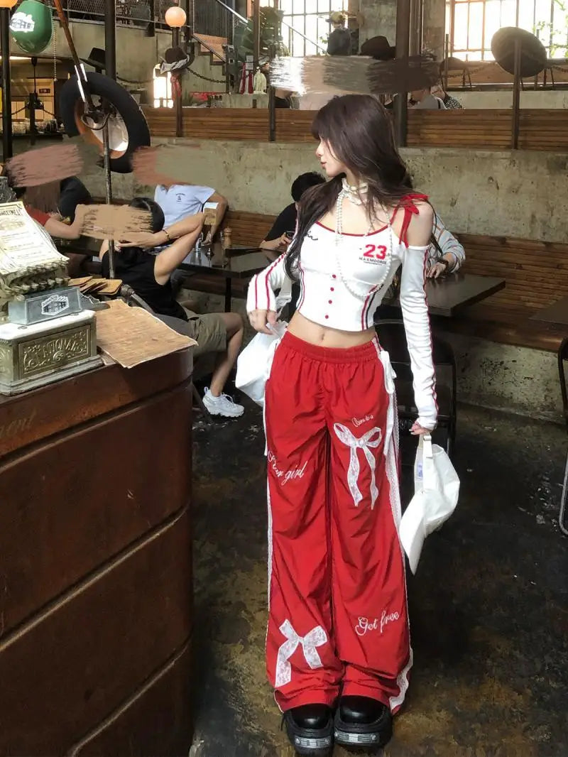 Dophee Original Spice Girls Elastic Waist All-match Loose Straight Wide Leg Pants Cute Bow Printed Splicing Lace Casual Trousers