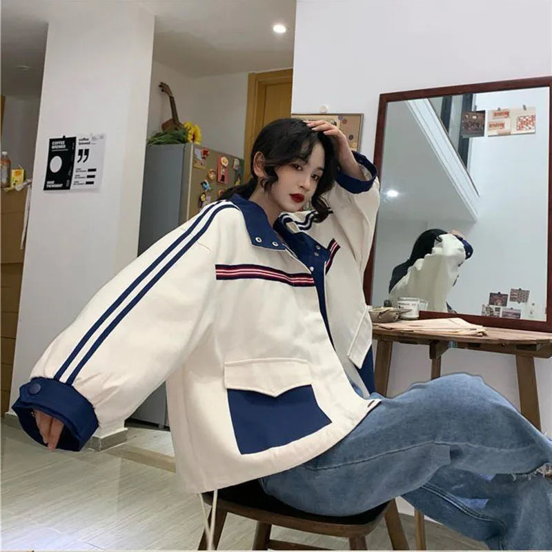 Patchwork Jacket Women American Loose Streetwear Blue and White Zipper Clothes Casual Chic Long Sleeve Harajuku Outwear
