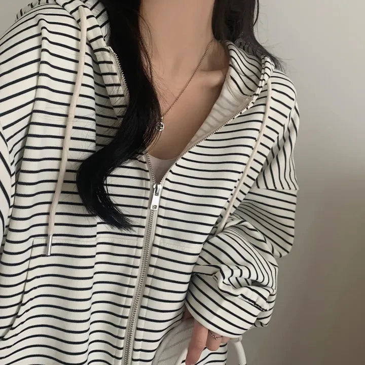 Spring 2025 Women's Chic Loose Casual Lazy Sle Striped Hooded Jaet with ket Open Cardigan Sweatirt Comfortable Fit