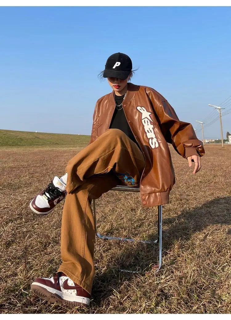 American retro letter embroidery leather Jacket Coat women's Y2K street hip-hop trend baseball suit couple casual leather jacket