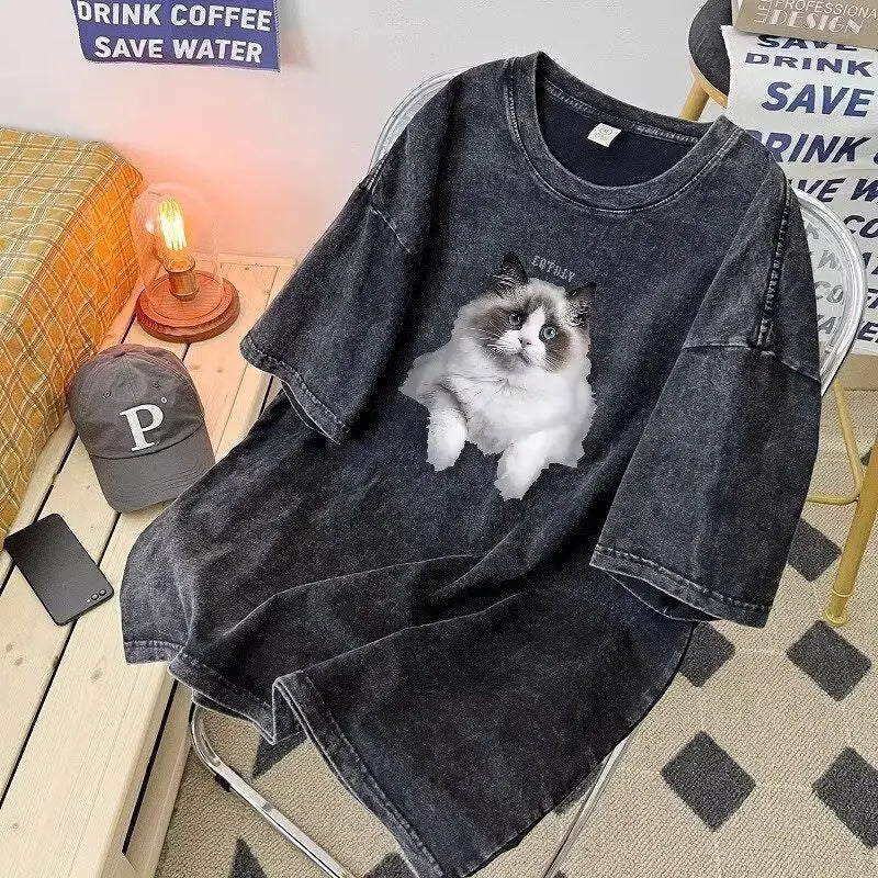 Washed Vintage American Men's And Women's Summer T-Shirts Cotton Crew Neck Breathable Comfortable  Tops For Daily Wearing