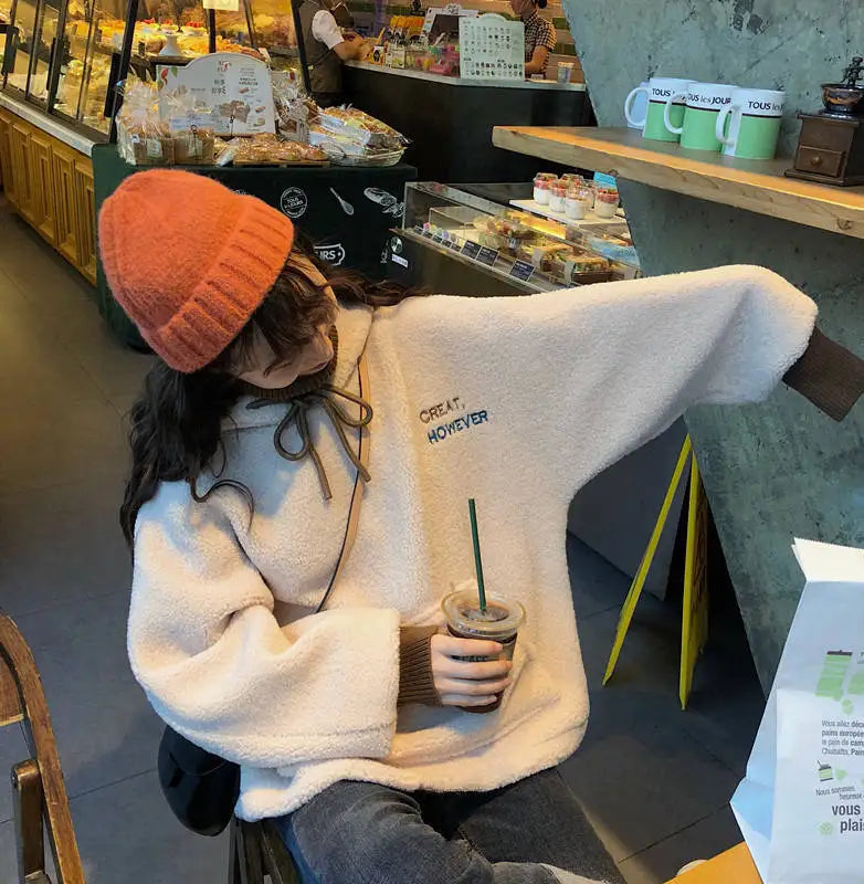 Plush Women Hoodie Solid Color Loose Pullover Hooded Korean Fashion Cold-proof Thicken Soft Spring Hooded Sweatshirts худи 후드티