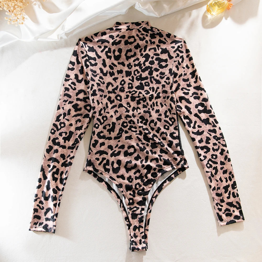 Yimunancy Leopard Print Women Mesh Bodycorn Bodysuit Long Sleeve Sexy Bodysuit Stand Colloar Body Femme