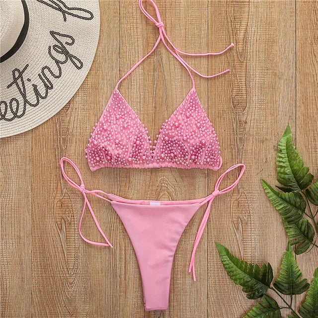 Sexy Halter Luxury Pearl Bikini Female Swimsuit Women Swimwear Two-pieces Bikini set Mini Micro Bather Bathing Suit Swim Lady